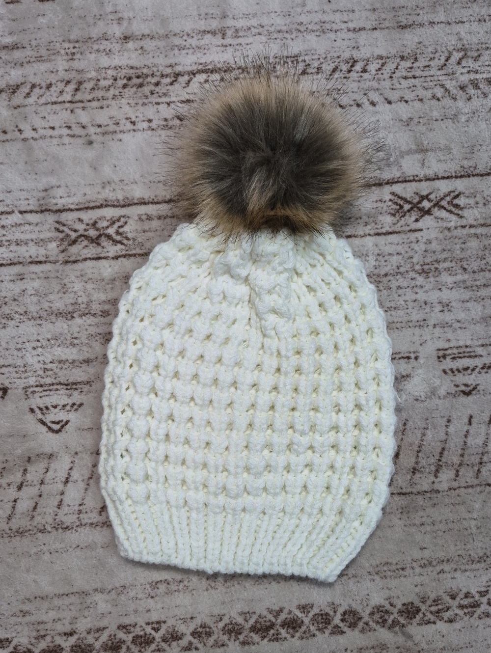 Cream Knit Beanie with Brown Faux Fur Pom OS